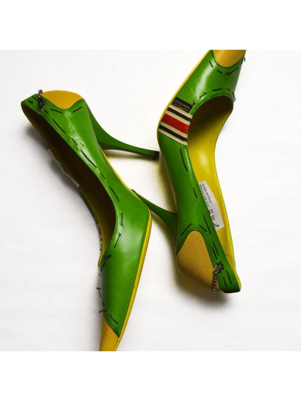 Giuseppe Zanotti Green and Yellow Metal Tagged Heels - Picture 3 of 6